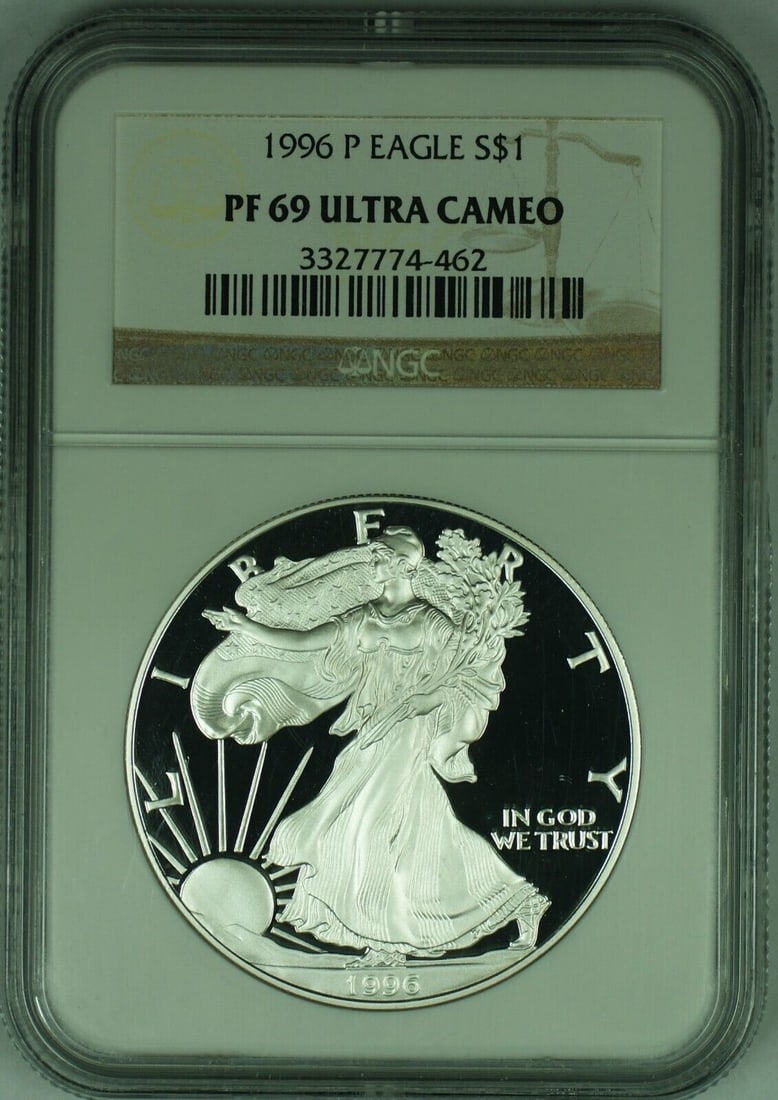 NGC Certified 1996-P Silver Proof Eagle Dollar PF 69 Ultra Cameo: NGC Certified 1996-P Silver Proof Eagle Dollar PF 69 Ultra Cameo This 1996-P American Proof Silver Eagle $1 coin is certified by NGC with a PF 69 Ultra Cameo grade. Struck at the Philadelphia Mint, it
