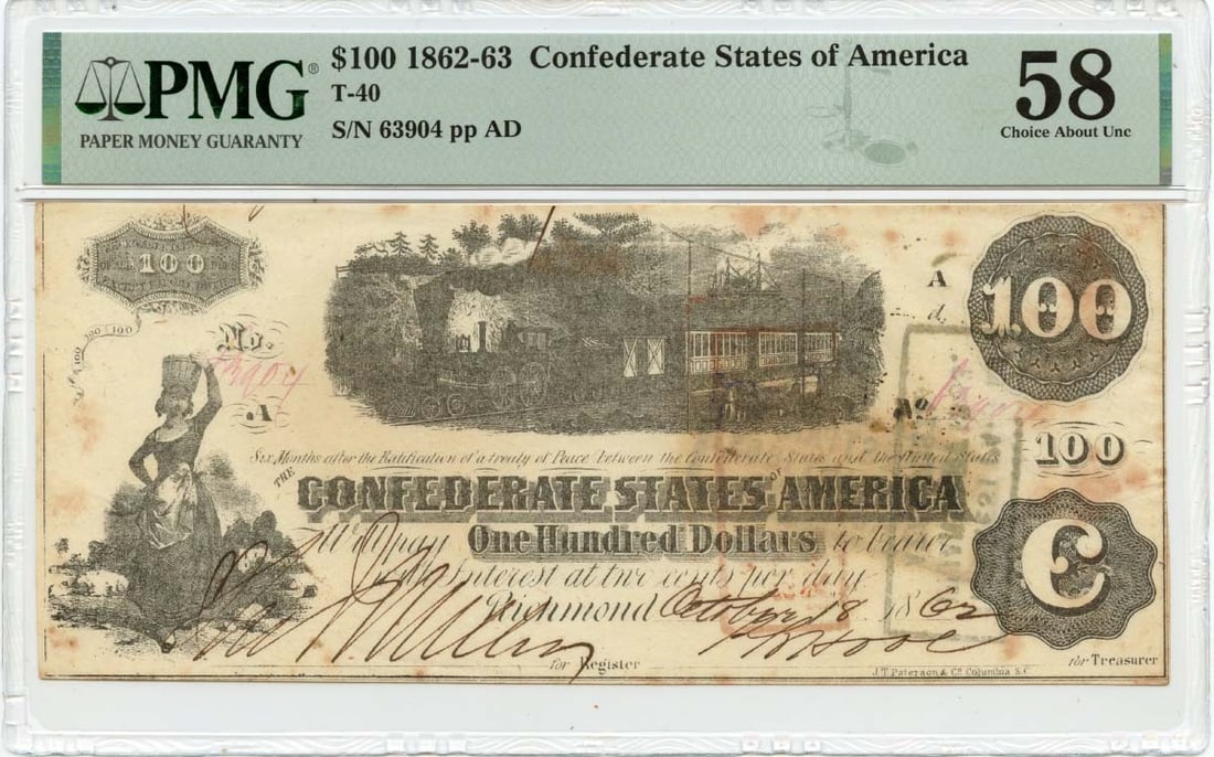 PMG AU58 1862 Confederate States of America T-40 100 Dollar Note: PMG AU58 1862 Confederate States of America T-40 100 Dollar Note 1862 Confederate States of America T-40 $100 note graded PMG AU58. This pre-owned note is listed as circulated and includes its PMG cer