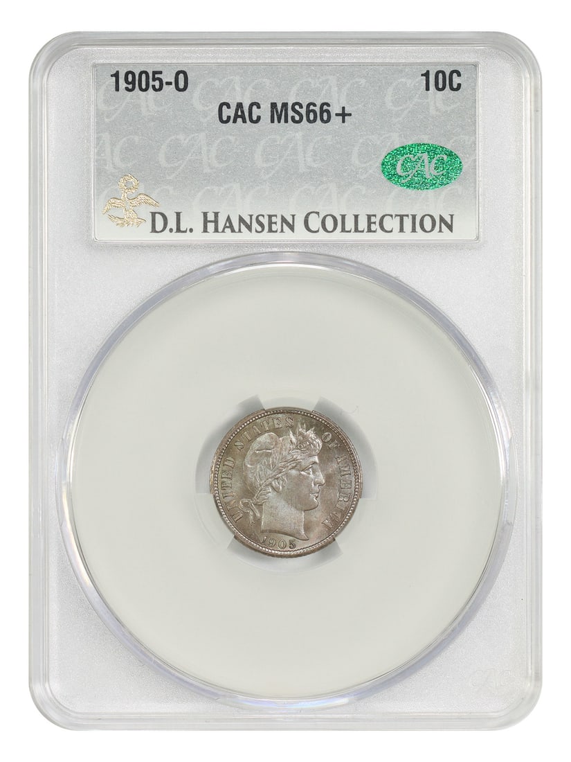 CACG MS66+ 1905-O Barber Dime 10C ex D.L. Hansen: CACG MS66+ 1905-O Barber Dime 10C ex D.L. Hansen 1905-O Barber Dime certified by CACG in MS66+ grade, ex: D.L. Hansen. A mintage of 3.4 million coins leaves plenty of low and mid-UNC survivors availab