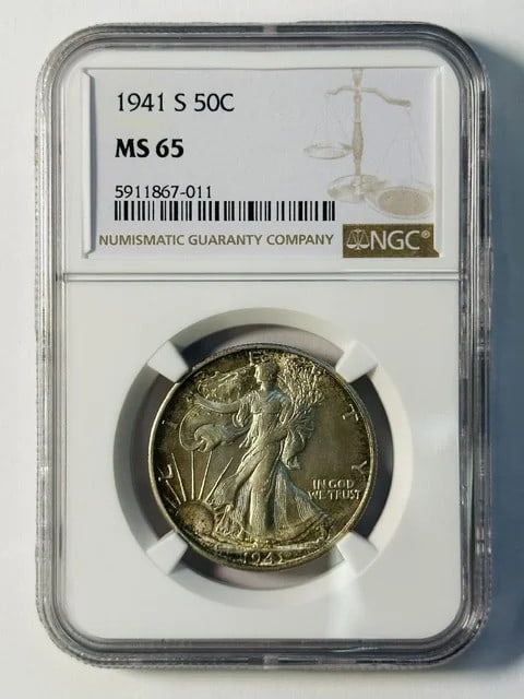 NGC MS65 1941 S Walking Liberty Half Dollar Silver: NGC MS65 1941 S Walking Liberty Half Dollar Silver This 1941 Walking Liberty Half Dollar is composed of silver and has been graded MS 65 by NGC. It originates from the San Francisco mint and remains i
