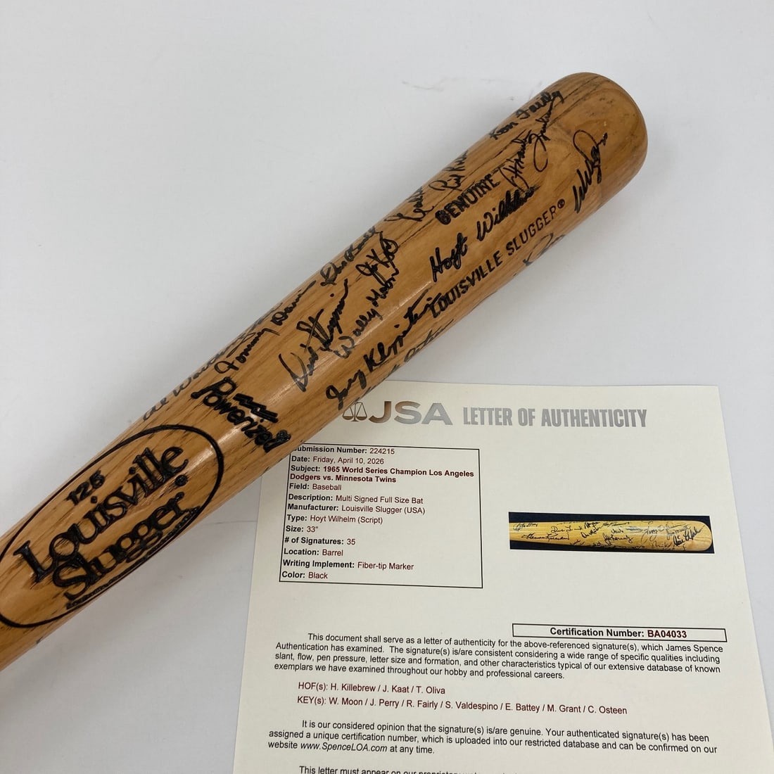 JSA COA 1965 Dodgers Twins Signed Bat 35 Autographs: JSA COA 1965 Dodgers Twins Signed Bat 35 Autographs This is an original 1965 Los Angeles Dodgers World Series Champions team-signed baseball bat, commemorating their victory against the Minnesota Twin