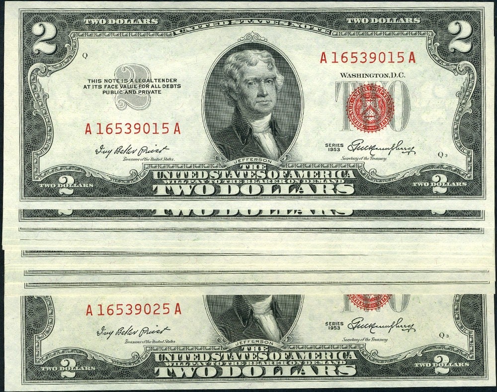 15 consecutive 1953 $2 legal tender notes A-A block Gem CU (1 of 2)
