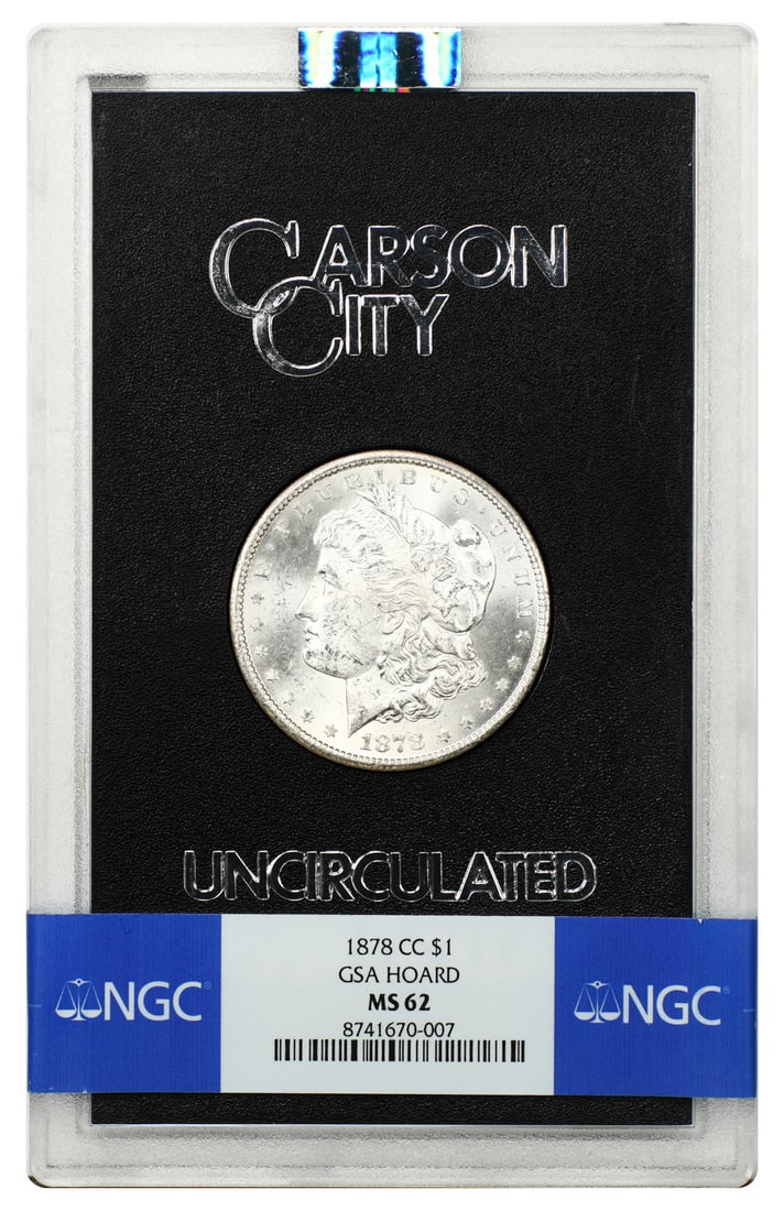 1878 Carson City Morgan Dollar NGC MS62 with GSA Box Papers: 1878 Carson City Morgan Dollar NGC MS62 with GSA Box Papers First-year 1878 Carson City Morgan Dollar certified by NGC and housed in GSA packaging with box and papers. This uncirculated example combin