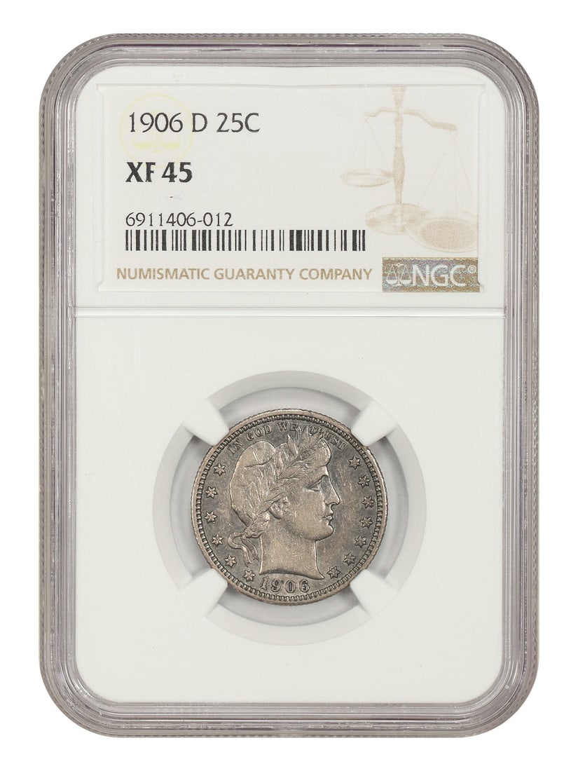Barber Quarter 1906-D 25C NGC XF45 Certified Coin: Barber Quarter 1906-D 25C NGC XF45 Certified Coin 1906-D Barber Quarter certified by NGC in XF45 condition. This circulated, pre-owned 25-cent coin is identified as a Barber Quarter. Specifications De