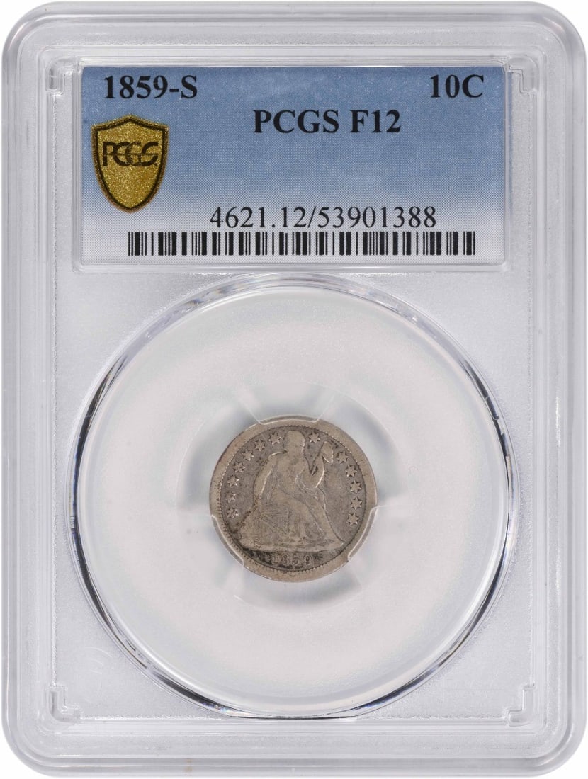 1859-S Liberty Seated Silver Dime 10C PCGS F12 Circulated: 1859-S Liberty Seated Silver Dime 10C PCGS F12 Circulated This 1859-S Liberty Seated Silver Dime is a remarkable piece of American numismatic history. Struck at the San Francisco Mint, this coin featu