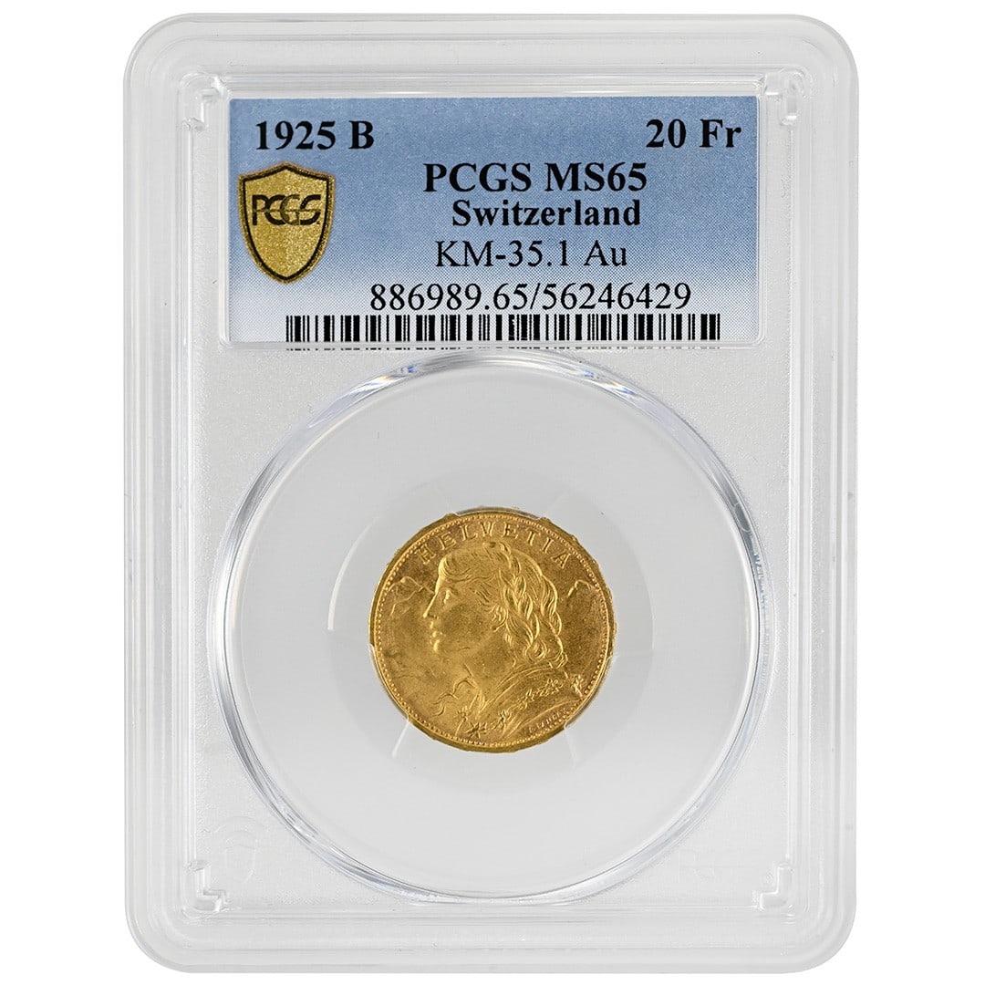 Swiss 1925 B Gold 20 Francs PCGS MS65 (1 of 4)