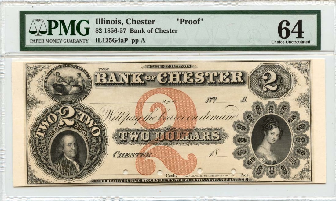 PMG 64 Uncirculated Bank of Chester Illinois $2 Obsolete Note 1856-57 (1 of 2)