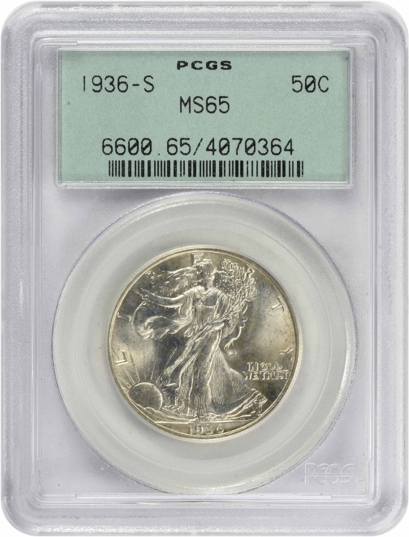 PCGS MS65 1936-S Liberty Walking Half Dollar Silver: PCGS MS65 1936-S Liberty Walking Half Dollar Silver This 1936-S Walking Liberty Silver Half Dollar is graded MS65 by PCGS, indicating a high-quality, uncirculated coin. Struck in silver at the San Fra