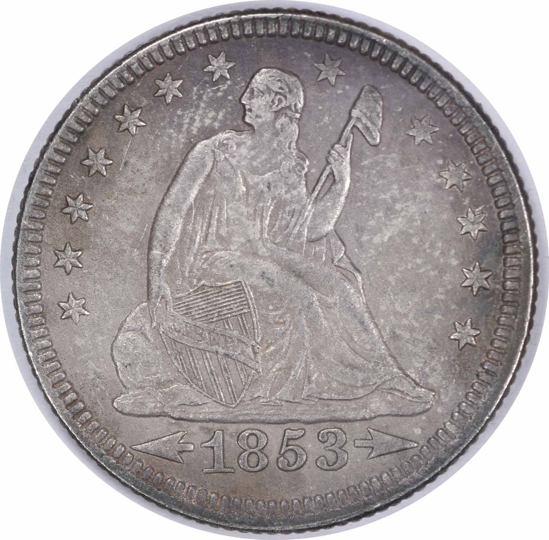 1853 Seated Liberty 25C Silver Quarter Arrows and Rays AU Uncertified: 1853 Seated Liberty 25C Silver Quarter Arrows and Rays AU Uncertified 1853 Liberty Seated silver quarter with Arrows and Rays design. This uncertified AU slider coin is a pre-owned piece struck in sil