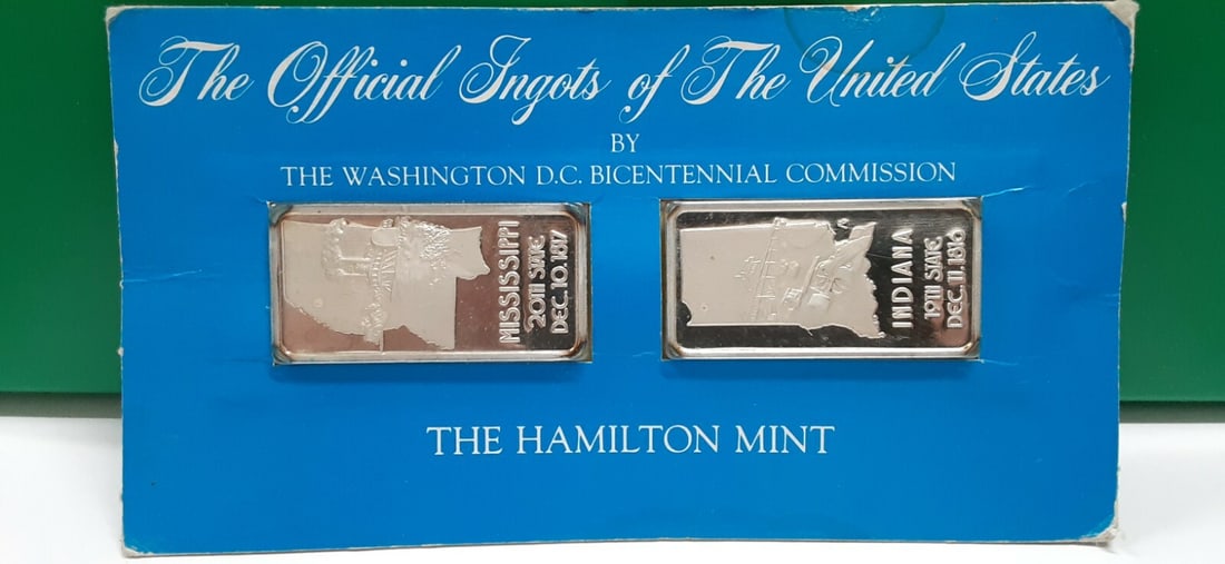 1976 Hamilton Mint Indiana Mississippi Silver Ingot Pair: 1976 Hamilton Mint Indiana Mississippi Silver Ingot Pair This set includes two 1976 Hamilton Mint Statehood silver ingots, each containing 1 troy ounce of .999 fine silver. Produced for the U.S. Bicen