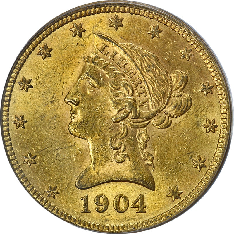 PCGS MS60 1904-O Liberty Eagle Gold Coin Old Green Holder: PCGS MS60 1904-O Liberty Eagle Gold Coin Old Green Holder This 1904-O Liberty Gold $10 coin is graded MS60 by PCGS and is housed in an old green holder (OGH). It displays notable eye appeal, with attr