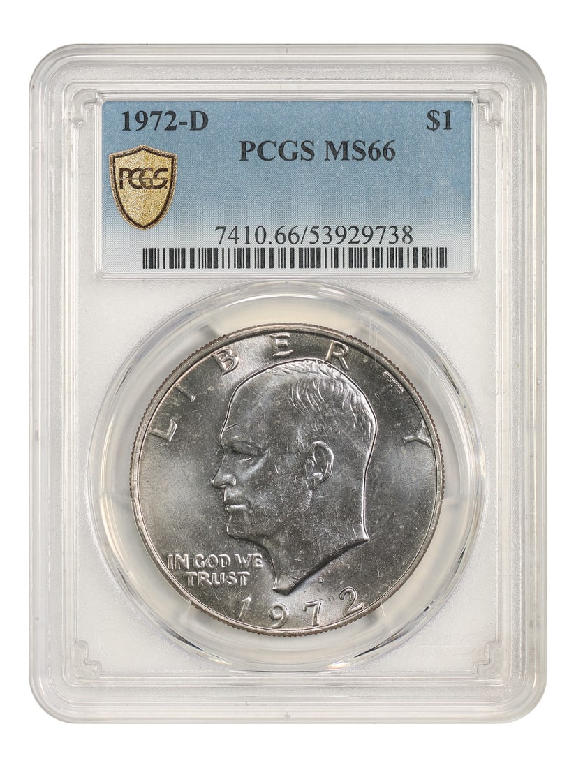 PCGS MS66 1972-D $1 Eisenhower Dollar: PCGS MS66 1972-D $1 Eisenhower Dollar 1972-D $1 Ike Dollar certified by PCGS and graded MS66. This uncirculated coin was minted in Denver and is identified by certification number 53929738. Condition: