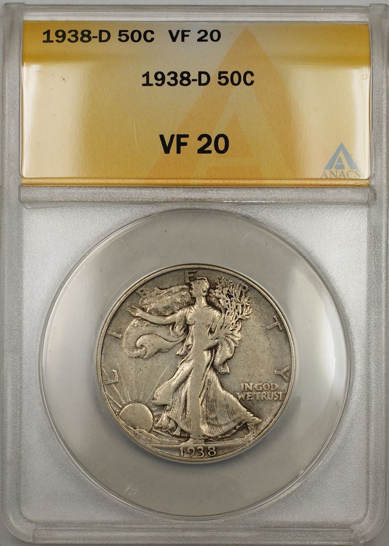 ANACS VF 20 1938-D Silver Walking Liberty Half Dollar: ANACS VF 20 1938-D Silver Walking Liberty Half Dollar This 1938-D Walking Liberty Half Dollar is a circulated silver coin graded VF-20 by ANACS. Minted in Denver, it features the iconic Walking Libert