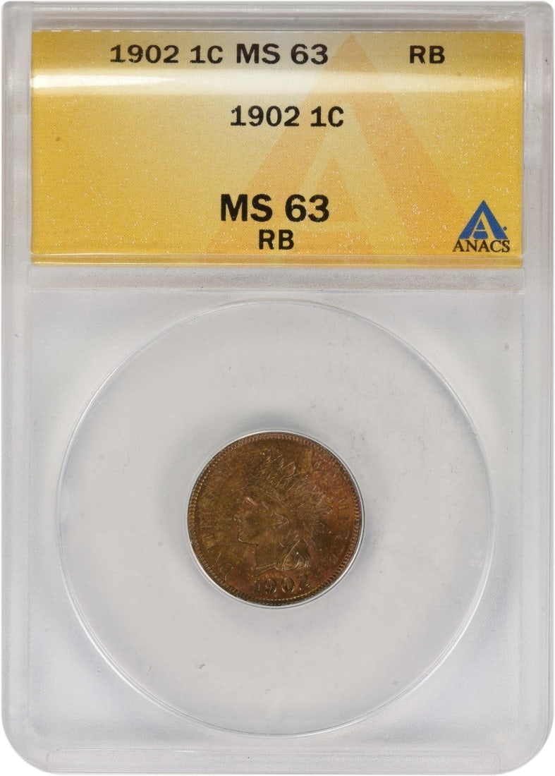 Indian Head Cent 1902 MS63RB Graded by ANACS: Indian Head Cent 1902 MS63RB Graded by ANACS This 1902 Indian Head Cent is graded MS63RB by ANACS and features a red-brown appearance. Minted in Philadelphia, this uncirculated small cent was designed