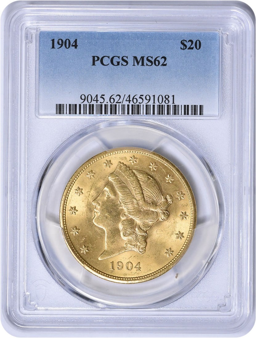 1904 $20 Gold Liberty Head Coin MS62 PCGS Uncirculated: 1904 $20 Gold Liberty Head Coin MS62 PCGS Uncirculated This 1904 $20 Gold Liberty Head coin is a stunning piece of history, graded MS62 by PCGS. Featuring the iconic design by James Barton Longacre, t