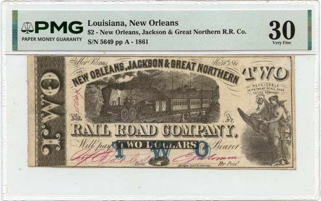 PMG VF30 1861 $2 Jackson and Great Northern R.R. Co Obsolete Note (1 of 2)