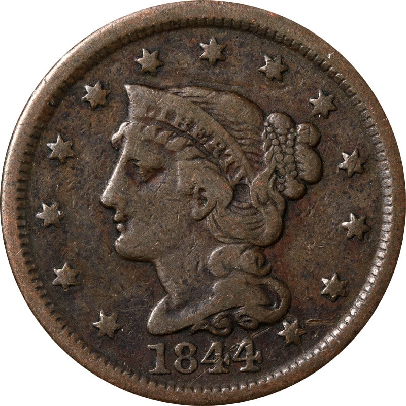 United States 1844 Copper Large Cent Coin: United States 1844 Copper Large Cent Coin 1844/81 Large Cent from the United States. This pre-owned copper coin is an uncertified example and is listed in circulated condition. Specifications Item Typ