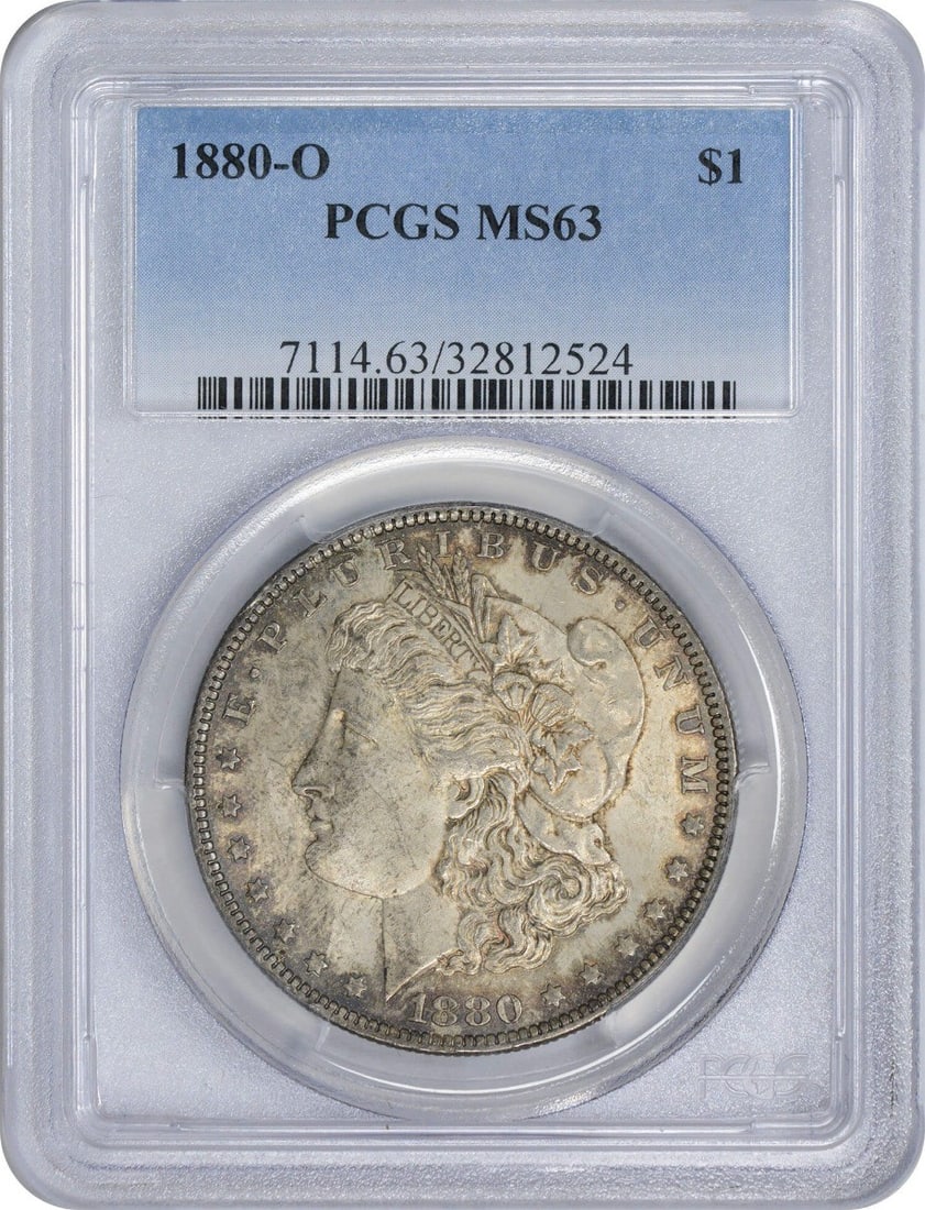 1880-O Morgan Dollar MS63 PCGS Rusty Brown Toning Coin: 1880-O Morgan Dollar MS63 PCGS Rusty Brown Toning Coin This 1880-O Morgan Dollar, graded MS63 by PCGS, showcases the exquisite craftsmanship of George T. Morgan. Struck in 90% silver and 10% copper at