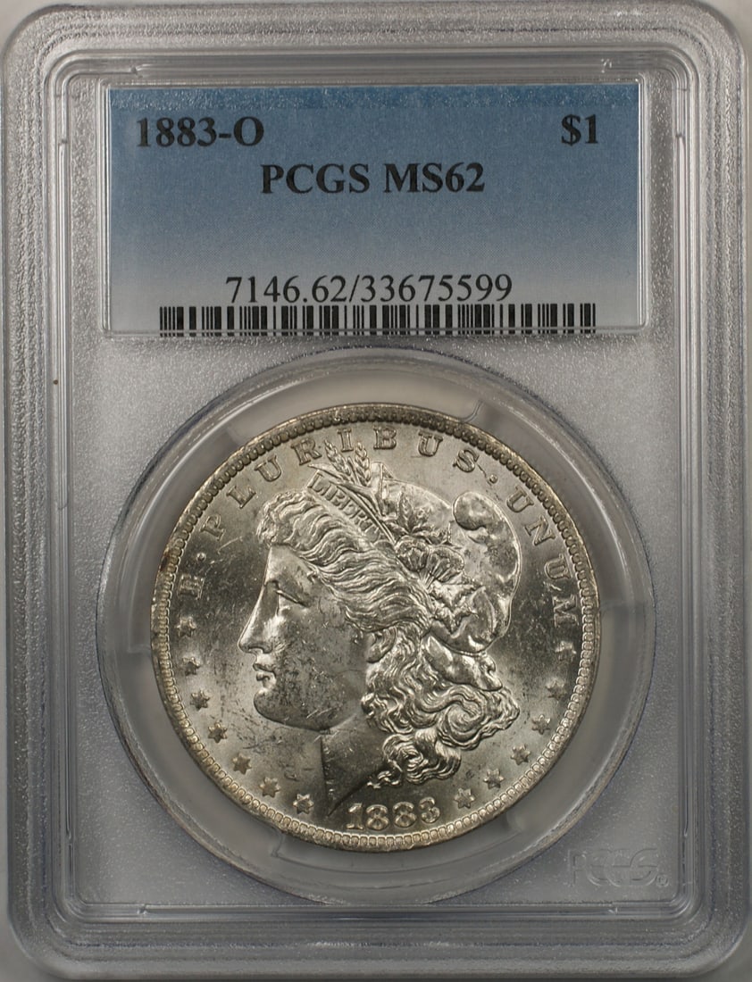 PCGS MS-62 1883-O Morgan Dollar New Orleans Mint Silver $1 Coin: PCGS MS-62 1883-O Morgan Dollar New Orleans Mint Silver $1 Coin This is an 1883-O Morgan Silver Dollar $1 coin, certified by PCGS with a grade of MS-62. Minted in New Orleans, this uncirculated coin i