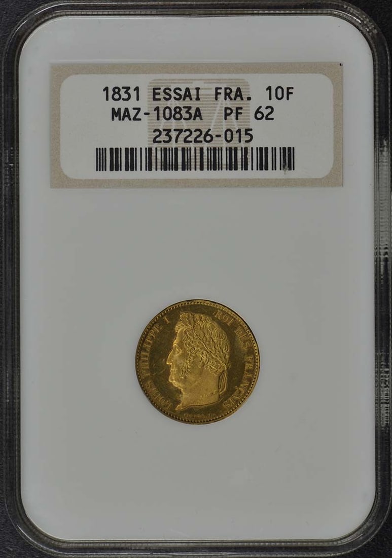 1831 France Essai 10F Coin NGC PR62 Certified Rare: 1831 France Essai 10F Coin NGC PR62 Certified Rare This 1831 France Essai 10 Franc coin is an exquisite piece for collectors. It has been graded as Proof 62 (PR62) by NGC, indicating its high quality 