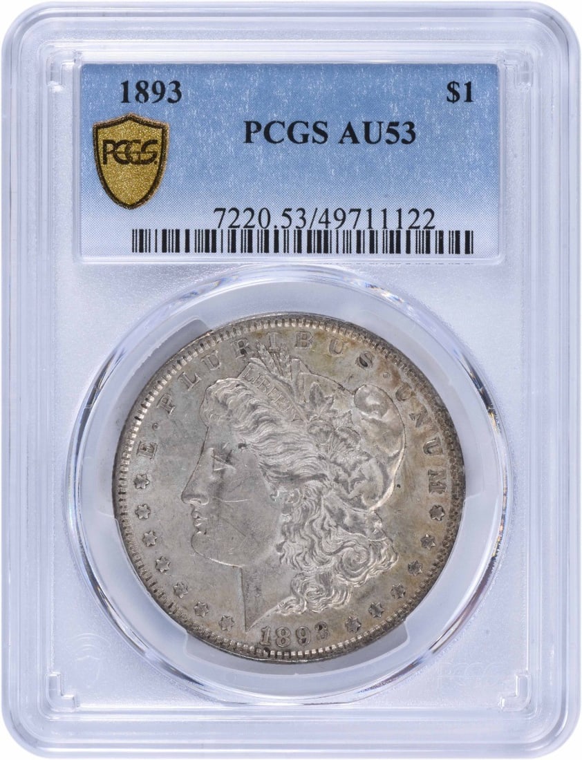 1893 Morgan Silver Dollar AU53 PCGS 90% Silver Coin: 1893 Morgan Silver Dollar AU53 PCGS 90% Silver Coin This 1893 Morgan Silver Dollar is a prized collectible, graded AU53 by PCGS, showcasing its well-preserved condition. Struck in Philadelphia, this c