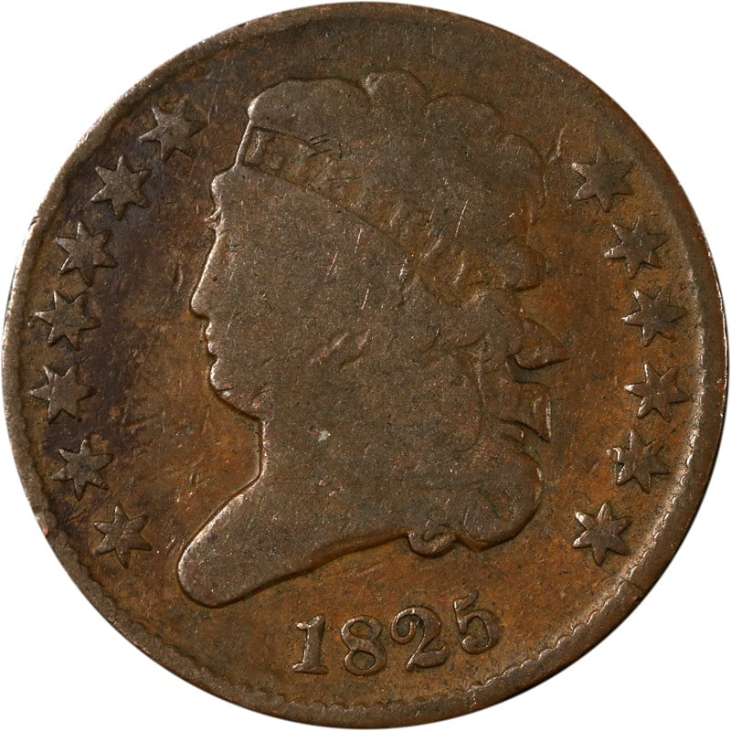 United States 1825 Copper Half Cent Circulated Coin: United States 1825 Copper Half Cent Circulated Coin This is an 1825 Half Cent coin from the United States, composed of copper. The coin is in circulated condition and is uncertified. It is a pre-owned
