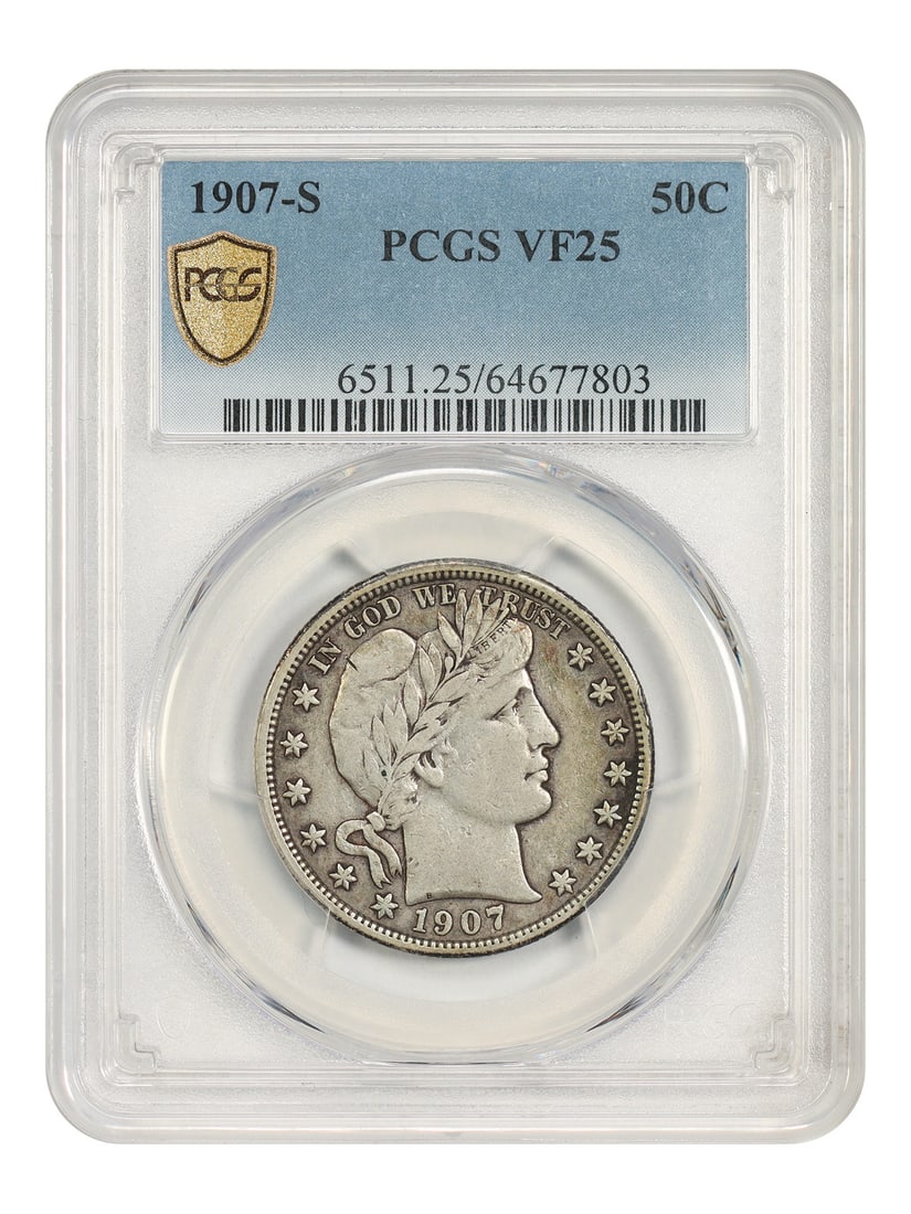 Barber Half Dollar 1907 S 50C PCGS VF25: Barber Half Dollar 1907 S 50C PCGS VF25 A 1907-S Barber Half Dollar in circulated condition, certified by PCGS and graded VF25. The coin is a San Francisco issue with denomination 50C and certificatio