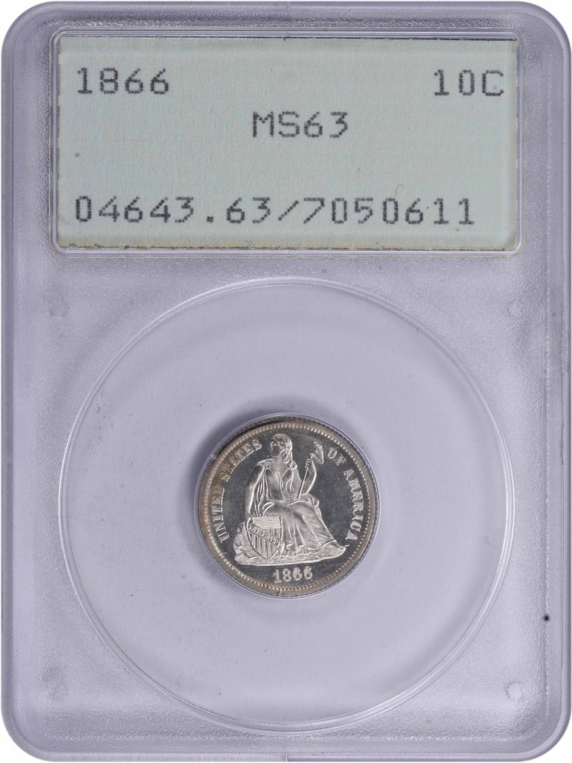1866 Liberty Seated Silver Dime MS63 PCGS 90% Silver 10C Uncirculated: 1866 Liberty Seated Silver Dime MS63 PCGS 90% Silver 10C Uncirculated This 1866 Liberty Seated Silver Dime is in an uncirculated condition and has been certified by PCGS with a grade of MS63. Minted i