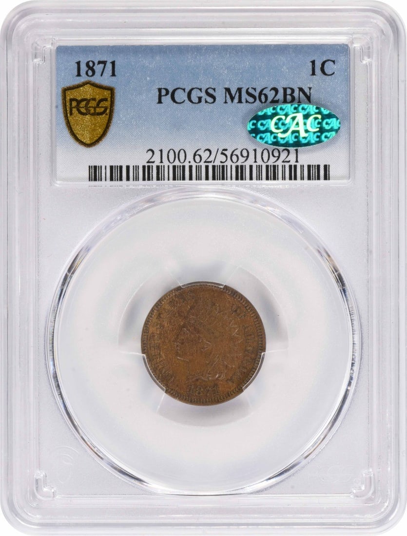 1871 Indian Head Small Cent Copper PCGS MS62BN CAC: 1871 Indian Head Small Cent Copper PCGS MS62BN CAC 1871 Indian Head Small Cent graded MS62BN by PCGS with CAC. This uncirculated copper coin is a pre-owned example of the United States Indian Head cen