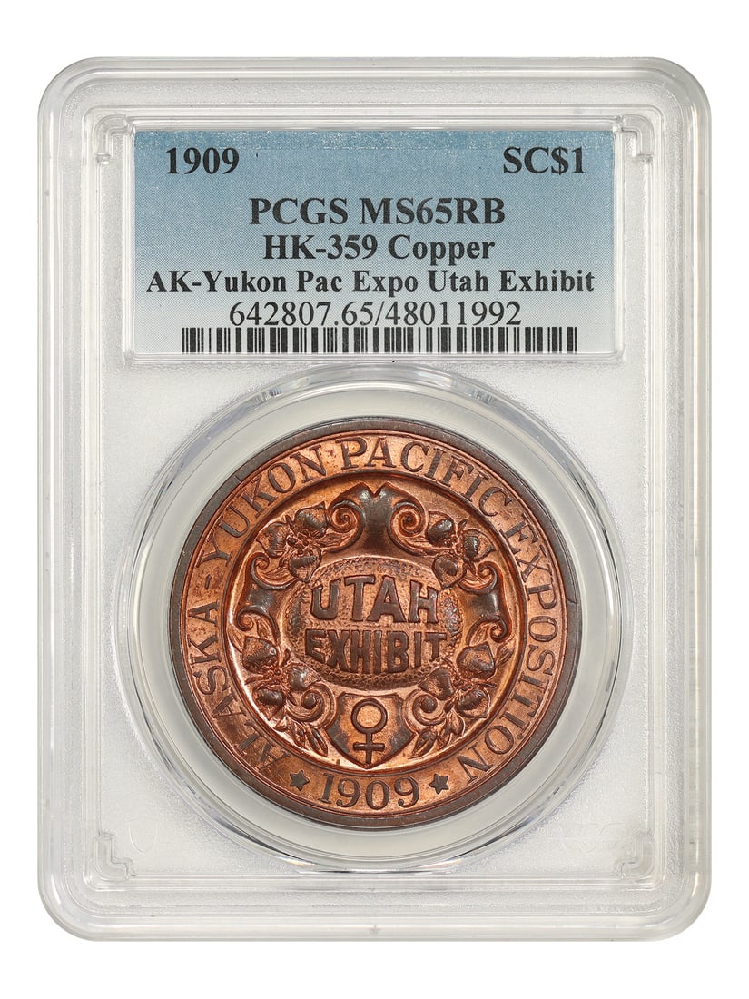 1909 AK-Yukon Pac Expo Utah Exhibit SC$1 Copper PCGS MS65RB: 1909 AK-Yukon Pac Expo Utah Exhibit SC$1 Copper PCGS MS65RB 1909 So-Called Dollar SC$1 from the Alaska-Yukon-Pacific Exposition Utah Exhibit, certified by PCGS. This uncirculated copper example is gra