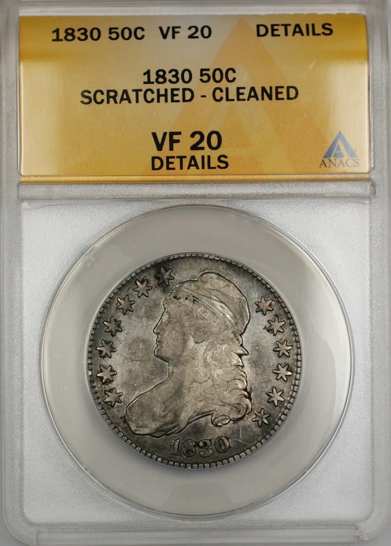 ANACS VF 20 Details 1830 Capped Bust Half Dollar: ANACS VF 20 Details 1830 Capped Bust Half Dollar This 1830 Capped Bust Half Dollar is a silver fifty-cent coin from the United States. Certified by ANACS with a grade of VF 20 Details, it is noted as 