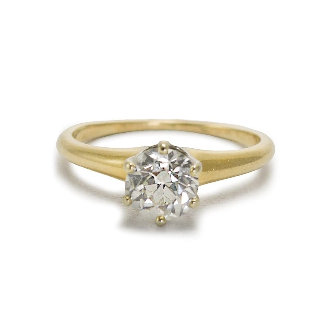 Old Euro Cut Diamond Solitaire Ring 14k Yellow Gold Size 4.25: Old Euro Cut Diamond Solitaire Ring 14k Yellow Gold Size 4.25 This pre-owned engagement ring features a 0.80 carat old Euro cut natural diamond set in 14k yellow gold. The diamond has an H-I color gra