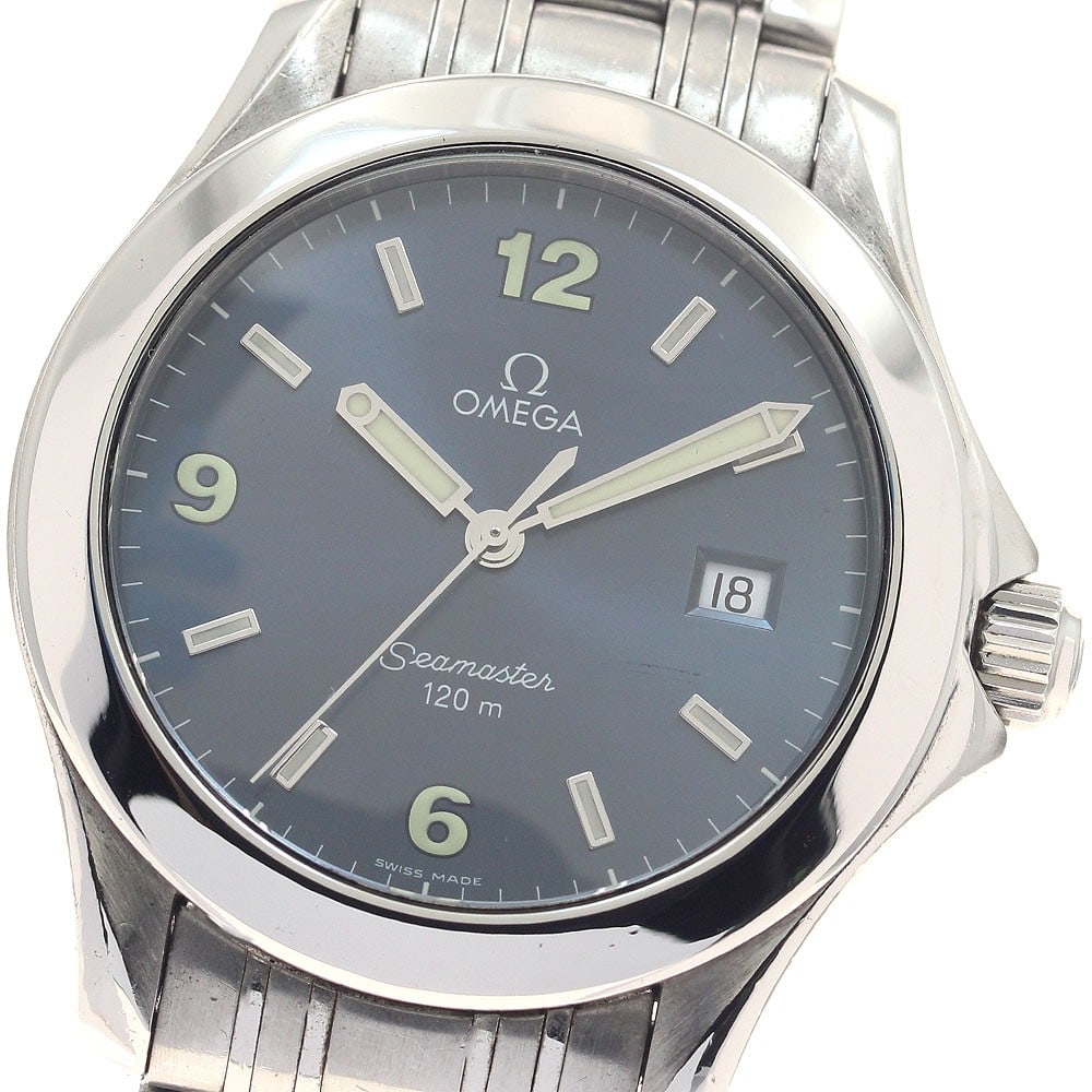 Seamaster 120 Date Omega Quartz Steel Wristwatch 2511.83: Seamaster 120 Date Omega Quartz Steel Wristwatch 2511.83 This Omega Seamaster 120 Date Quartz men's wristwatch features a stainless steel case and bracelet with a blue dial and date function. The watc
