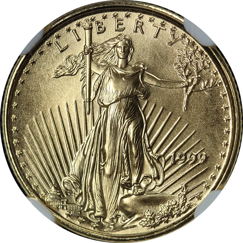 NGC MS70 1999 $5 Gold American Eagle Brown Label: NGC MS70 1999 $5 Gold American Eagle Brown Label 1999 Gold American Eagle $5 certified by NGC and graded MS70 with a Brown Label. This uncirculated coin is composed of gold with a fineness of 0.9167 a