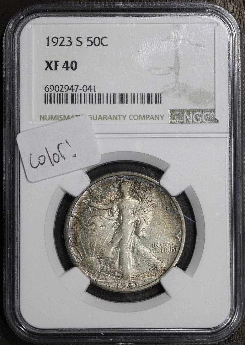 NGC XF40 1923-S Liberty Walking Half Dollar 50C Silver Rainbow Toning: NGC XF40 1923-S Liberty Walking Half Dollar 50C Silver Rainbow Toning 1923-S Walking Liberty Half Dollar certified by NGC with an XF40 grade. This pre-owned silver 50C coin features rainbow toning and