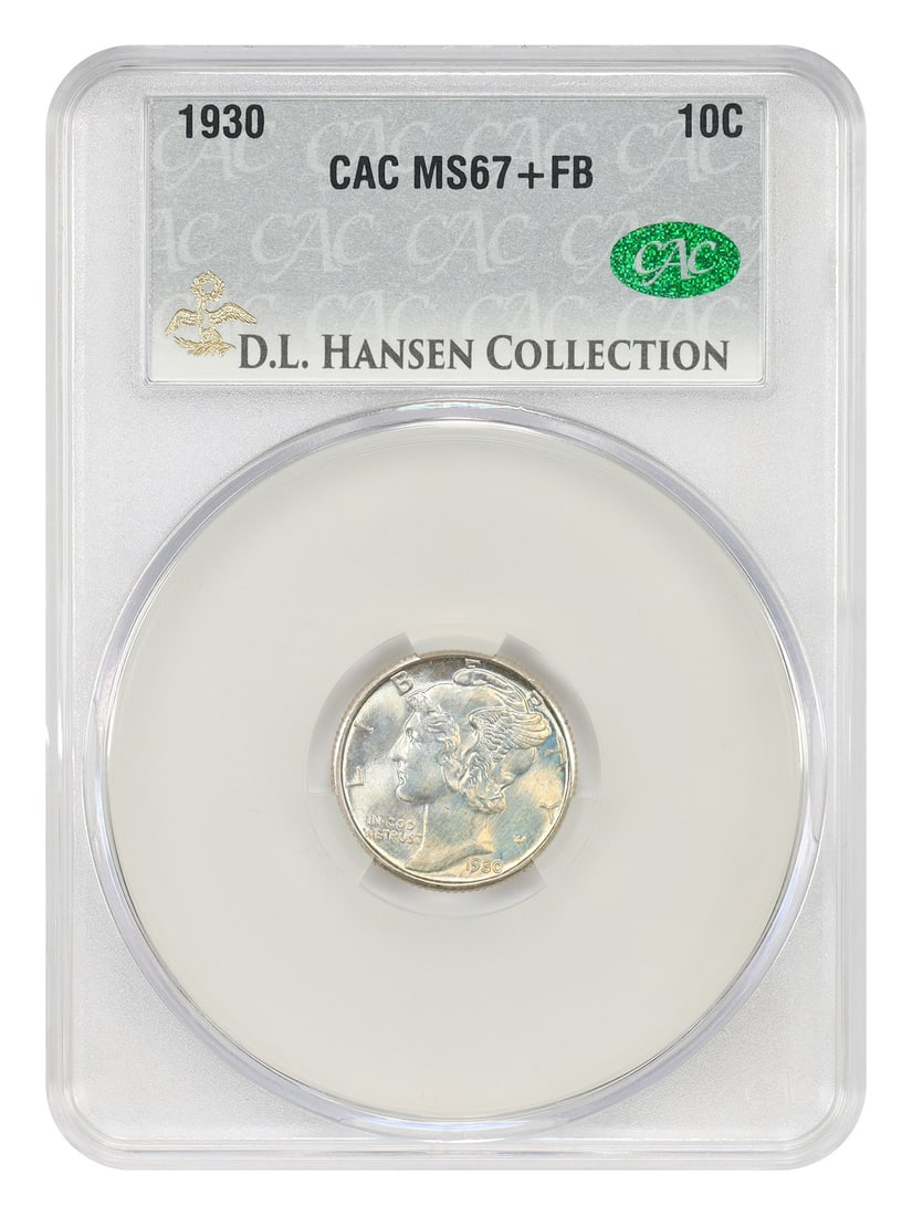 1930 Mercury Dime 10C CACG MS67+FB Philadelphia Issue: 1930 Mercury Dime 10C CACG MS67+FB Philadelphia Issue 1930 Mercury Dime, denomination 10C, certified by CACG and graded MS67+FB. This Philadelphia issue is uncirculated and noted for virtually flawles