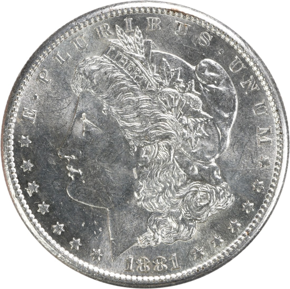 Uncirculated 1881 S Morgan Dollar Silver Coin Brilliant Uncertified Example: Uncirculated 1881 S Morgan Dollar Silver Coin Brilliant Uncertified Example This is an 1881-S Morgan Silver Dollar featuring brilliant uncirculated (BU) condition. Struck at the San Francisco Mint, th