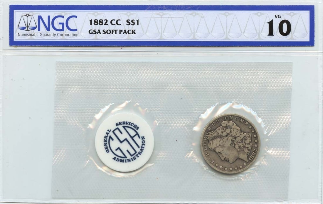 NGC VG10 1882 Carson City Morgan Silver Dollar GSA Soft Pack: NGC VG10 1882 Carson City Morgan Silver Dollar GSA Soft Pack This 1882-CC Morgan Dollar is housed in a GSA soft pack and has been certified by NGC with a VG10 grade. Minted in Carson City, this circul