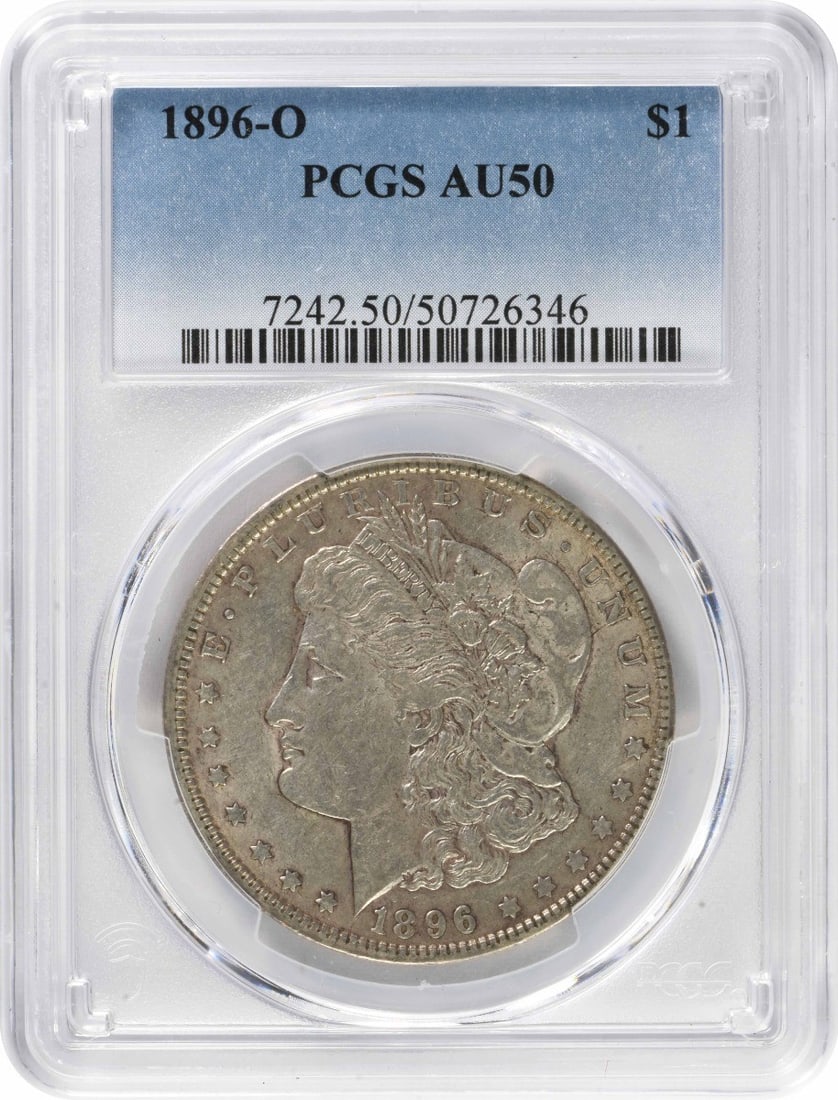 1896-O Morgan Silver Dollar AU50 PCGS Certified Coin: 1896-O Morgan Silver Dollar AU50 PCGS Certified Coin This 1896-O Morgan Silver Dollar is a beautiful example of American coinage, featuring a design by George T. Morgan. Certified by PCGS with an AU50