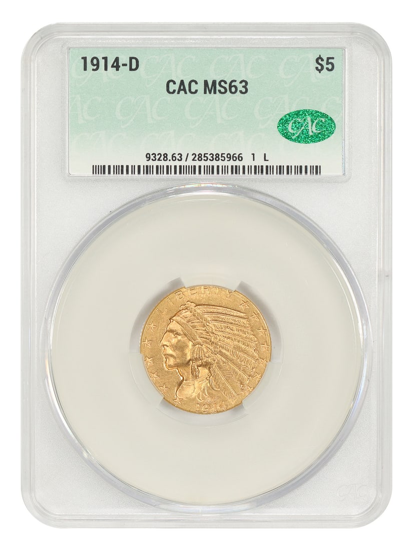 1914 D Denver Half Eagle Indian Head $5 CACG MS63 (1 of 4)