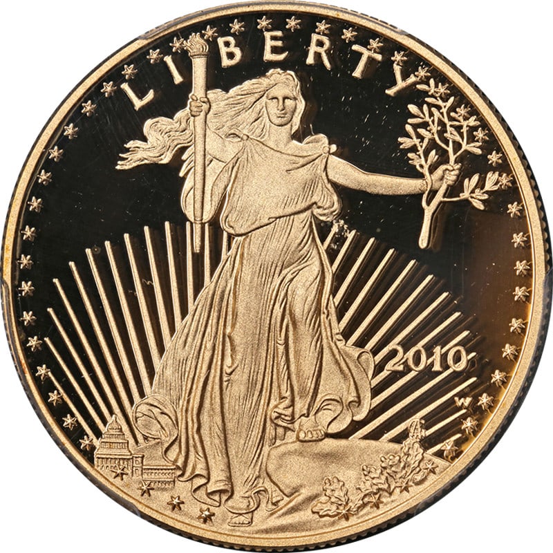 PCGS PR70 DCAM 2010-W $50 Gold Eagle Philip Diehl Signature: PCGS PR70 DCAM 2010-W $50 Gold Eagle Philip Diehl Signature This 2010-W Gold American Eagle $50 coin has been graded PR70 Deep Cameo (DCAM) by PCGS, indicating a flawless, uncirculated condition. The 