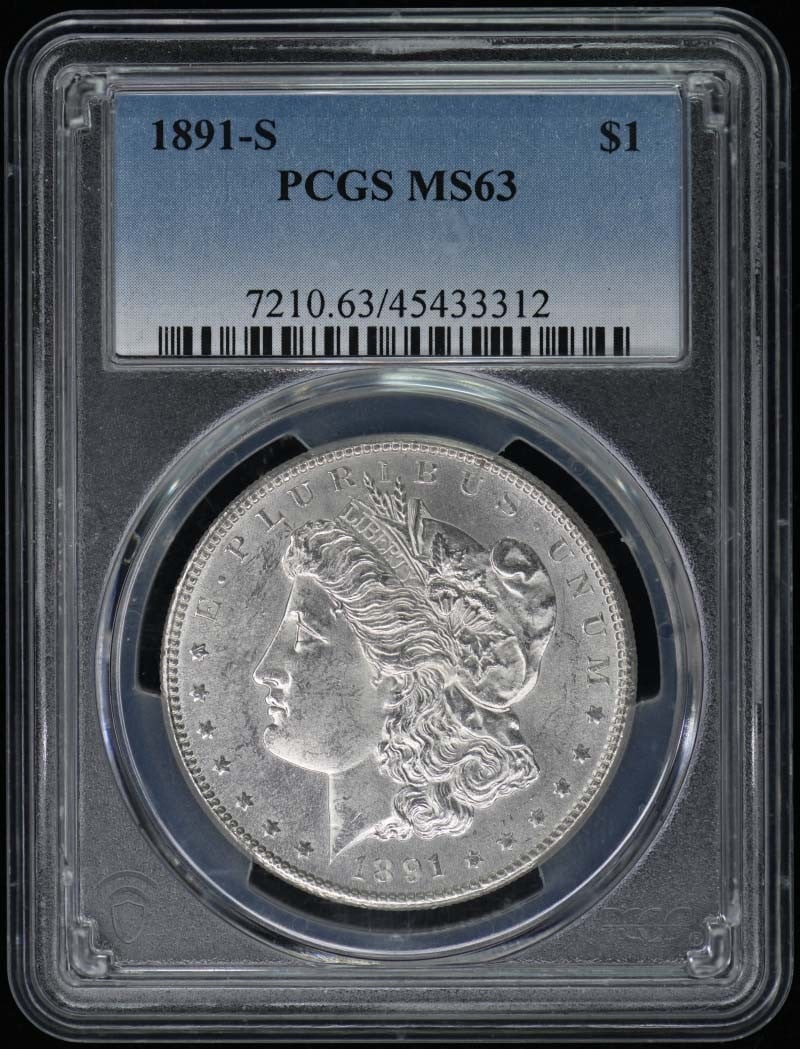 1891-S Morgan Dollar PCGS MS63 Certified San Francisco Coin: 1891-S Morgan Dollar PCGS MS63 Certified San Francisco Coin This 1891-S Morgan Dollar is a stunning example of American coinage, certified by PCGS with a grade of MS63, indicating its uncirculated con