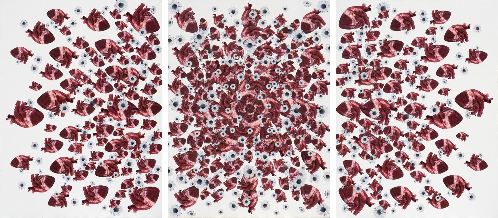 Big Heart Triptych 48 x 108 Mixed Media by Tetiana Kalivoshko 2023: Big Heart Triptych 48 x 108 Mixed Media by Tetiana Kalivoshko 2023 "Big Heart (triptych)" is a striking mixed media artwork by artist Tetiana Kalivoshko, created in 2023. This captivating piece measur