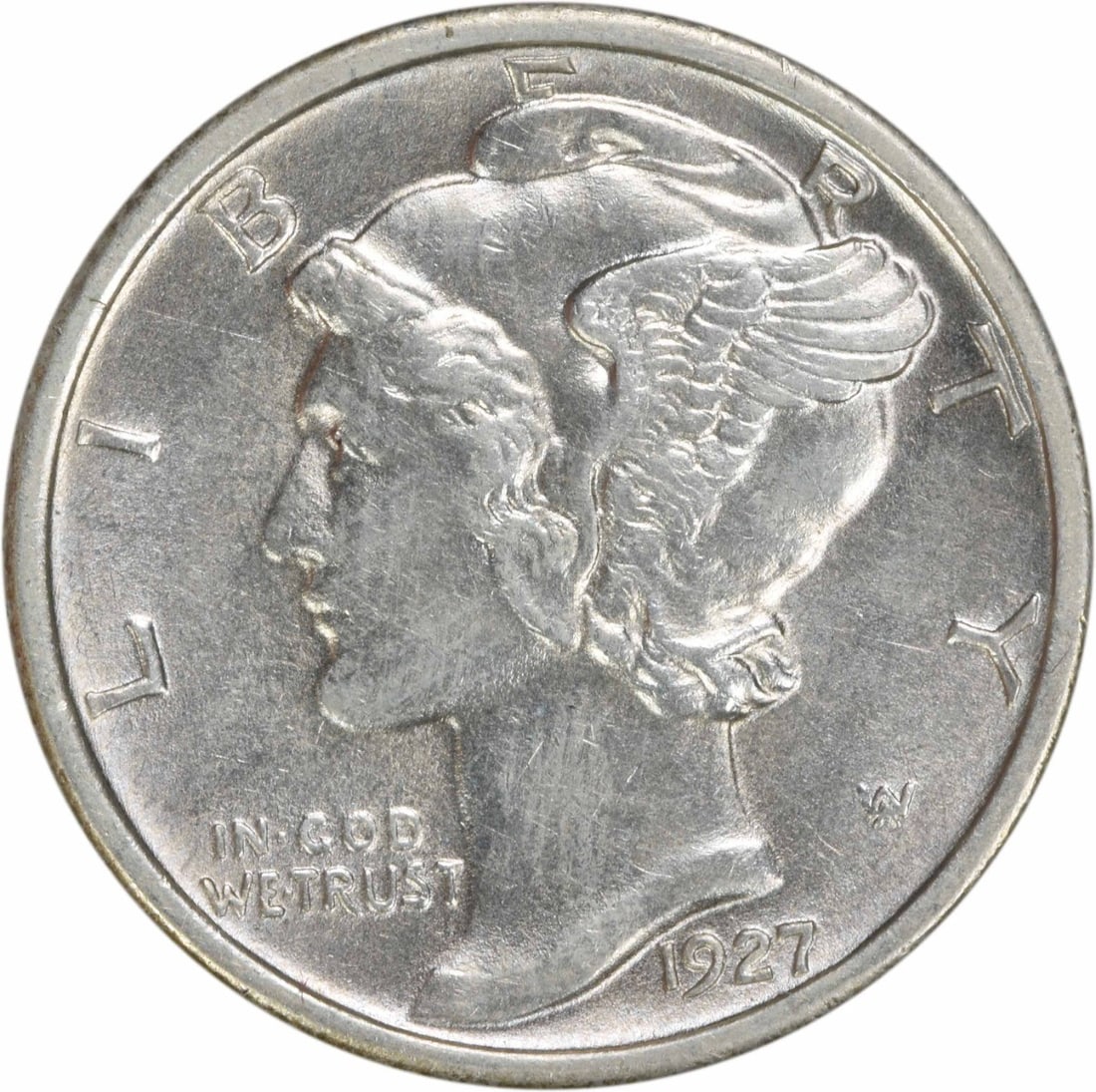 1927 Mercury Dime Silver Choice BU Uncertified: 1927 Mercury Dime Silver Choice BU Uncertified This 1927 Mercury Dime is a United States ten-cent coin composed of silver. It is uncirculated and graded as Choice BU (Brilliant Uncirculated), with no 
