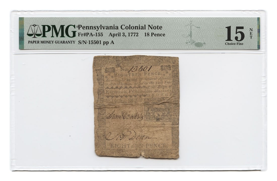 Pennsylvania Colonial 18 Pence Note dated April 3 1772 PMG 15 NET (1 of 2)
