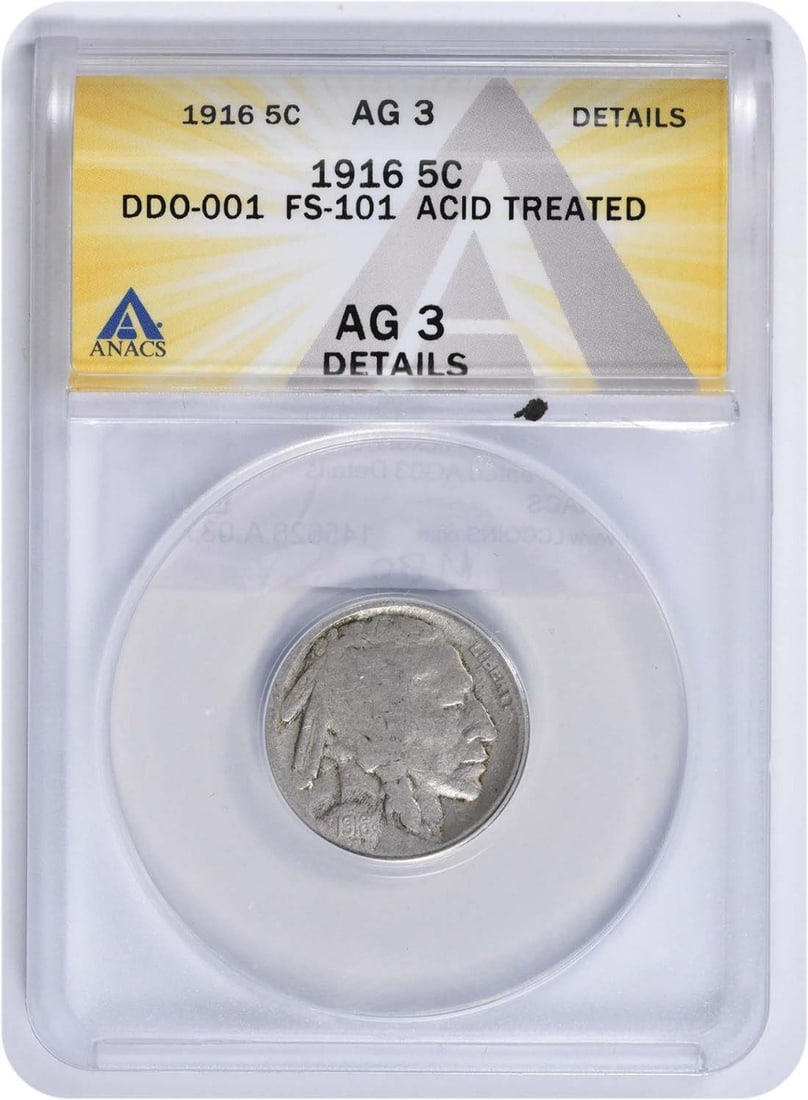 ANACS AG03 Details 1916 Buffalo Nickel FS-101 Acid Treated: ANACS AG03 Details 1916 Buffalo Nickel FS-101 Acid Treated This is a 1916 Buffalo Nickel graded AG03 Details by ANACS. The coin has undergone acid treatment and is classified as circulated. It is comp