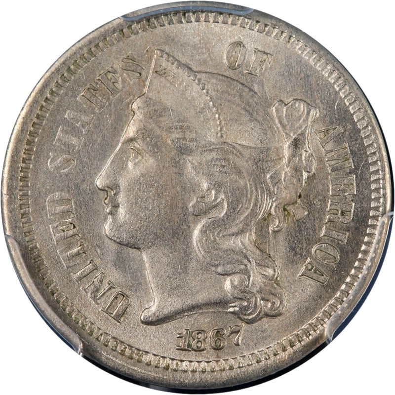 PCGS MS64 1867 United States Three Cent Nickel: PCGS MS64 1867 United States Three Cent Nickel This 1867 Three Cent Nickel coin is graded MS64 by PCGS, indicating an uncirculated condition with strong strike and attractive luster. The coin features