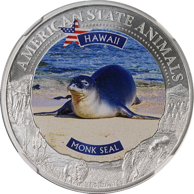 NGC MS70 2021 Cook Islands $5 Silver Hawaii Monk Seal Coin: NGC MS70 2021 Cook Islands $5 Silver Hawaii Monk Seal Coin Original 2021 Cook Islands Silver $5 coin from the U.S. State Animal series featuring the Hawaii Monk Seal. This 1 ounce silver issue is an a