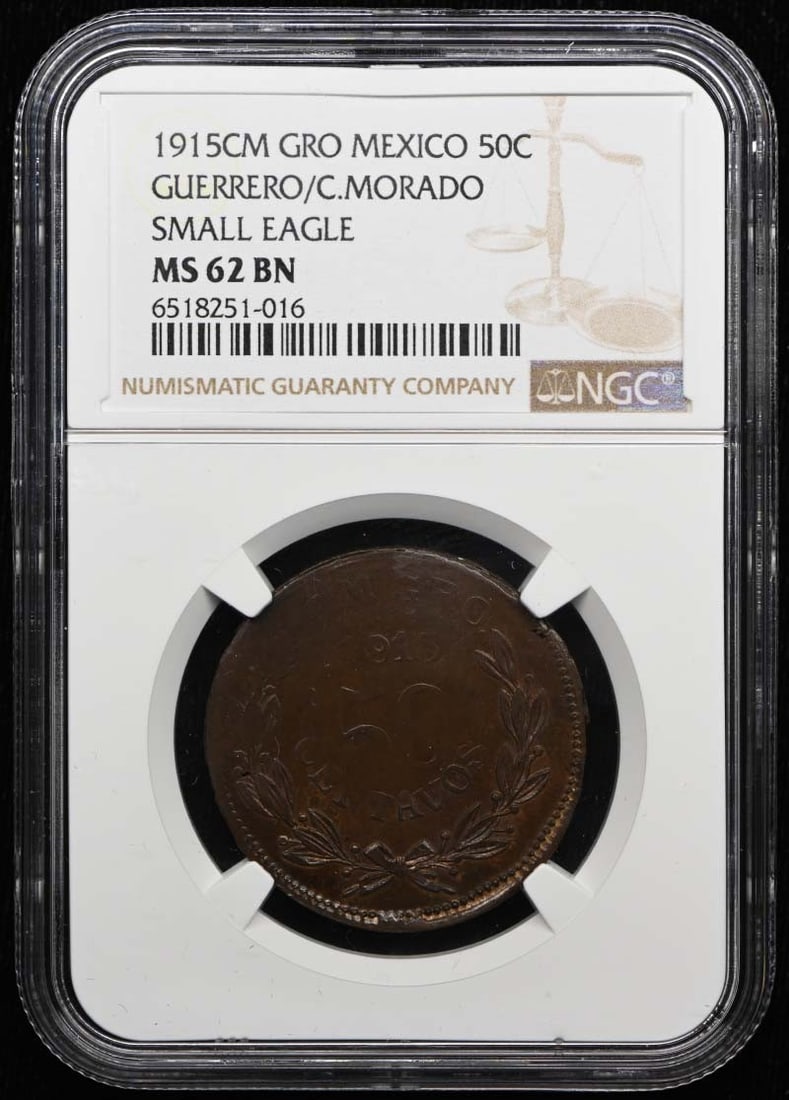 Mexico Guerrero C Morado 1915CM 50C KM-657 NGC MS62BN: Mexico Guerrero C Morado 1915CM 50C KM-657 NGC MS62BN 1915 Mexico Guerrero/C. Morado 50 centavos coin, certified by NGC and graded MS62BN. This pre-owned coin is listed as uncirculated. Specifications