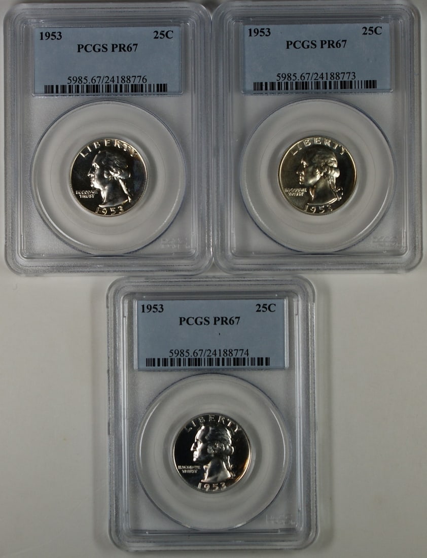 1953 Proof Silver Quarter PCGS PR-67 Philadelphia Mint: 1953 Proof Silver Quarter PCGS PR-67 Philadelphia Mint This is a 1953 Silver Washington Quarter graded PR-67 by PCGS. The coin is an uncirculated proof strike, produced at the Philadelphia Mint and co